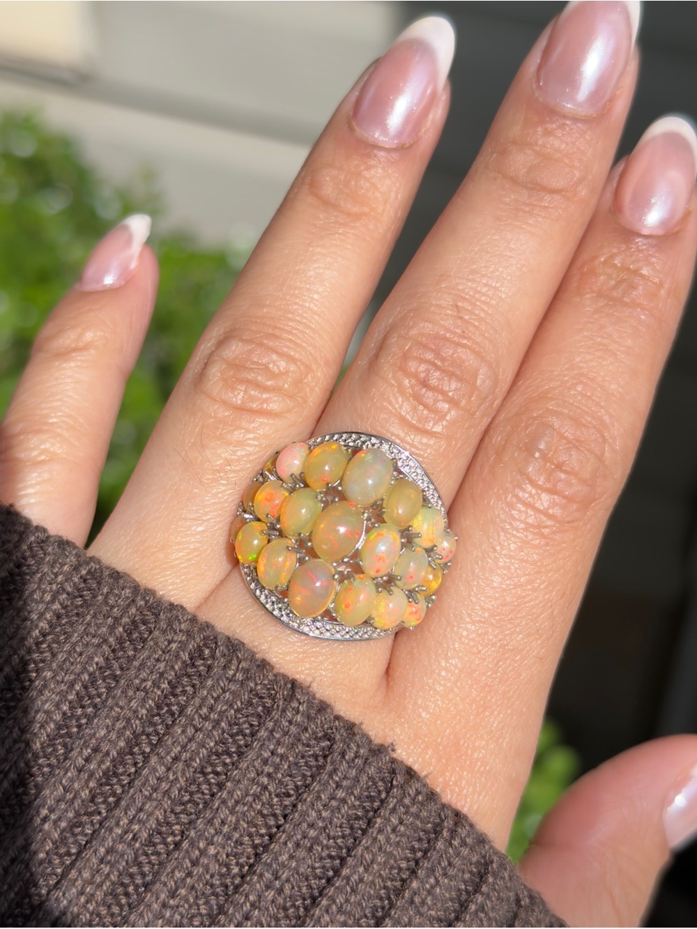 Natural fire Ethiopian opals cluster statement Sterling ring